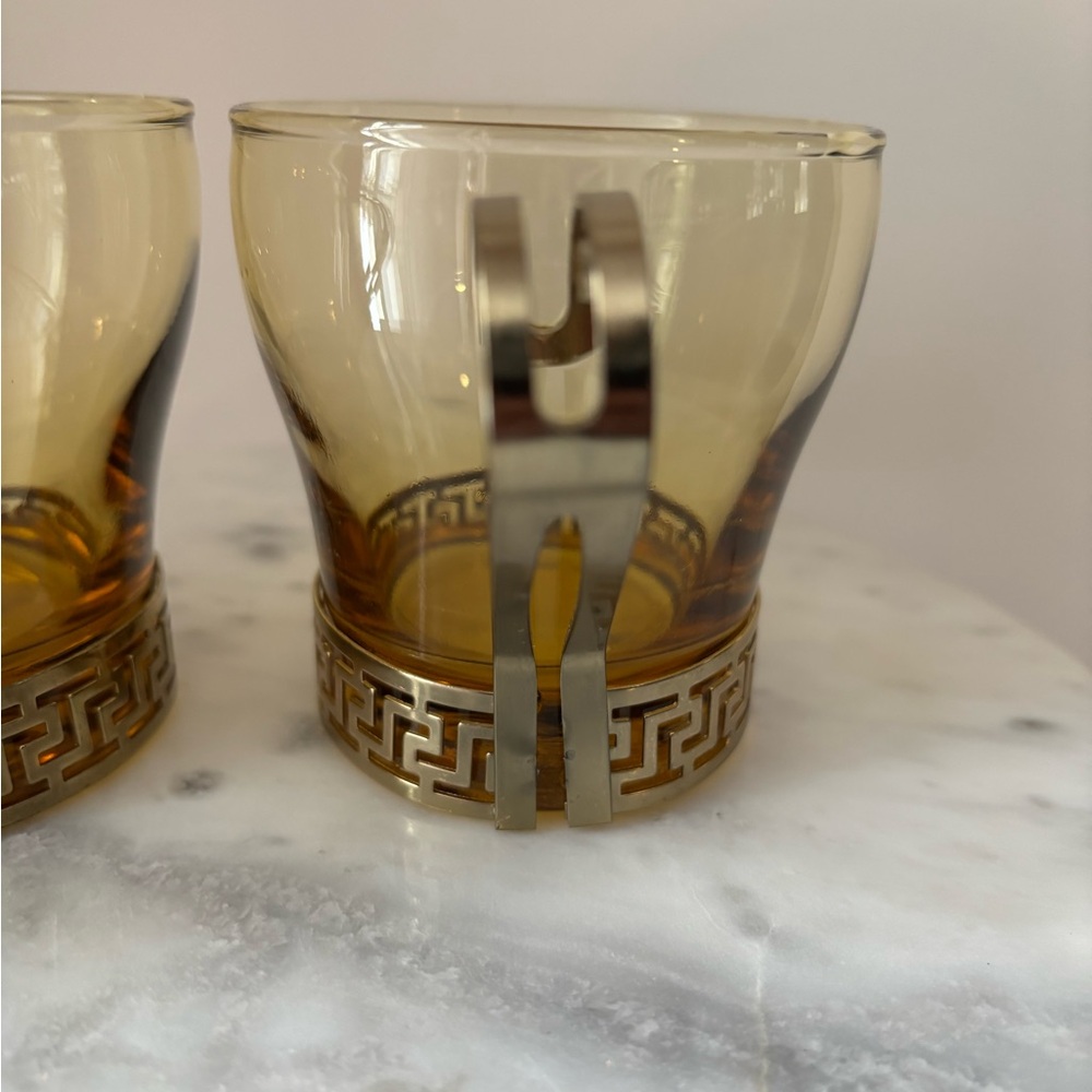 2 Vintage MCM Libbey Amber Glass Continental Cup w Gold Metal Greek Key Handles - Picture 7 of 12